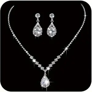 2pcs of luxurious classic style, silver exquisite water droplet inlaid bride earrings and necklace set, exquisite jewelry set for banquets and weddings