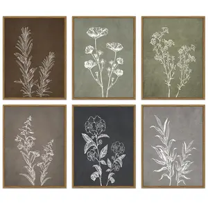 Vintage Botanical Wall Art 8x10in6pcs Framed Boho Wall Decor Wooded Minimalist Farmhouse Home Kitchen Plant Print Modern Rustic Gift Poster Artwork Decorative Nature Painting