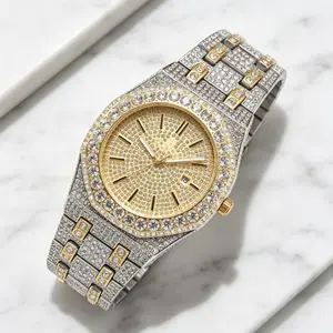 Fully Iced Out Bust Down Men’s Quartz Watch, High Quality Octagonal Case Full Rhinestone Encrusted Hip Hop Bling Wrist Watch with Arabic Numeral Dial & Date Display, Sparkly Stainless Steel Bracelet Trend Statement Timepiece