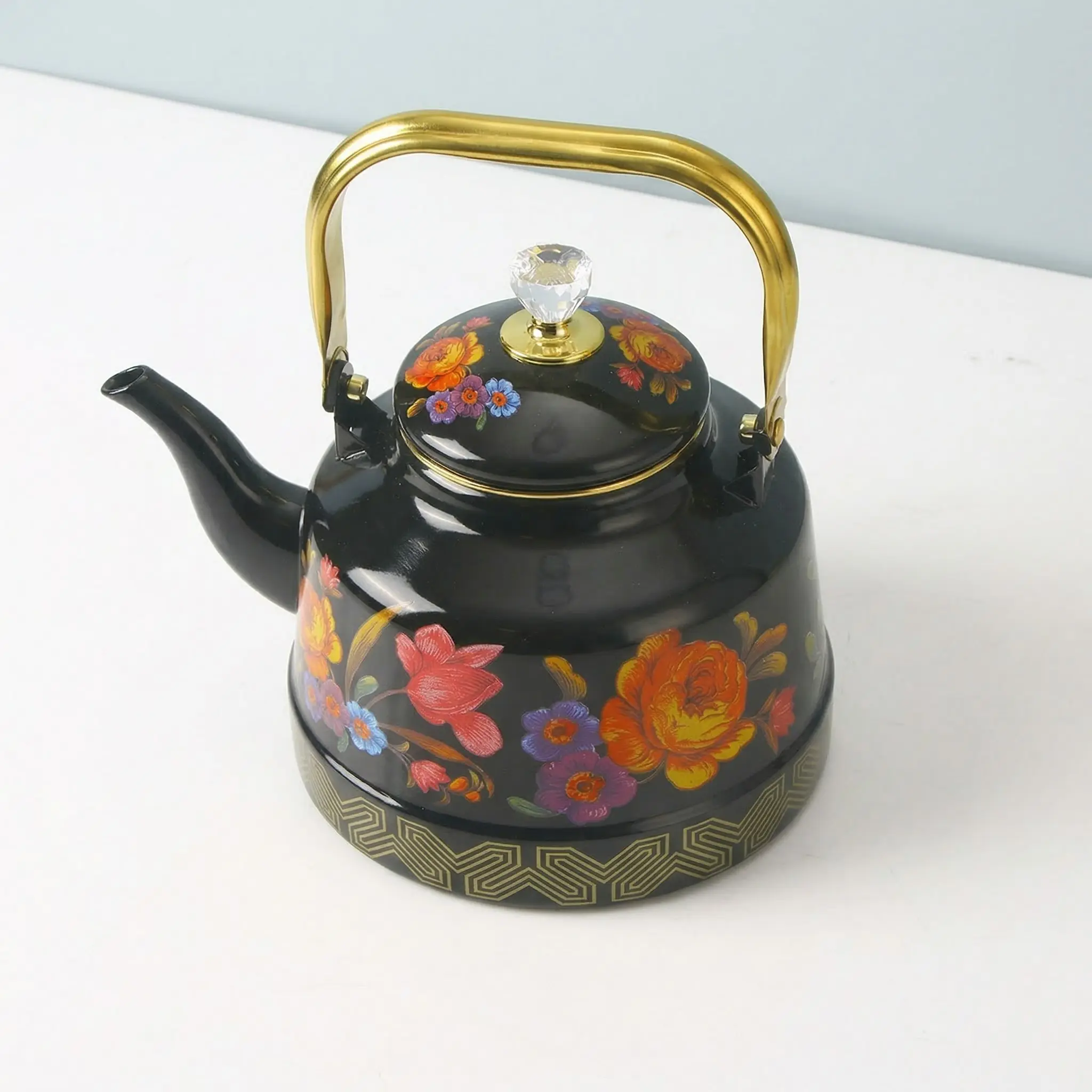 Vintage Bell-Shaped Enamel Tea Pot, Floral Water Kettle, Suitable for Stovetop & Induction Cooktops, 1.1L/1.7L/2.5L, Home Outdoor Afternoon Tea Decor, Teapot, Kitchenware