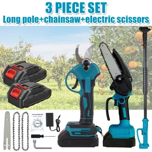 3-in-1 cordless pruning shears, brushless mini chainsaw, high pole saw, electric pruning shears, and an electric pole-mounted tree trimming saw with an extension pole and 2 batteries, for tree trimming.