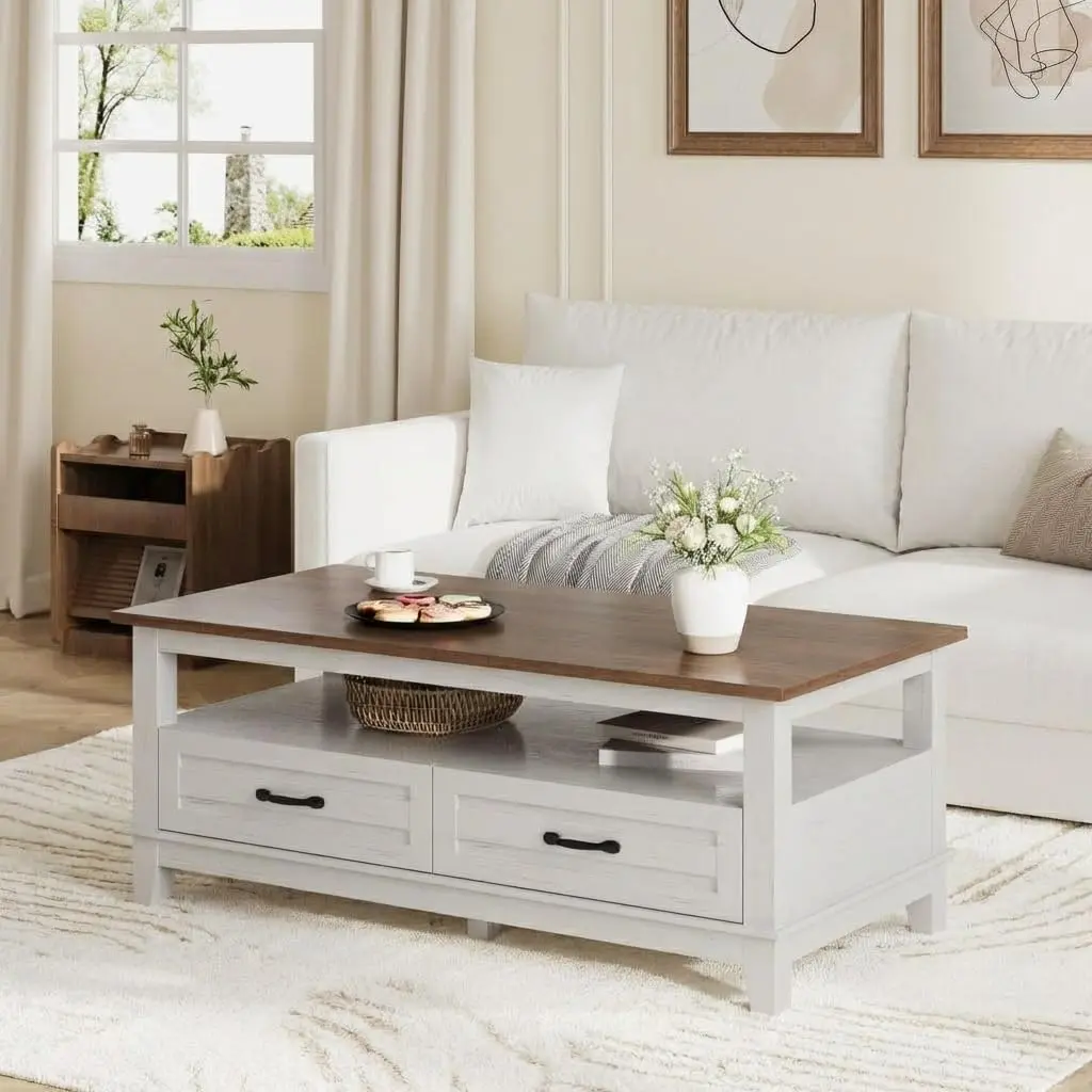 Garvee Farmhouse Coffee Table with Drawers, 47.2” Rustic Center Table Featuring Open Shelf and 6 Support Legs, Spacious Living Room Table with Storage Solutions