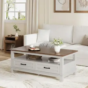 Garvee Farmhouse Coffee Table with Drawers, 47.2” Rustic Center Table Featuring Open Shelf and 6 Support Legs, Spacious Living Room Table with Storage Solutions