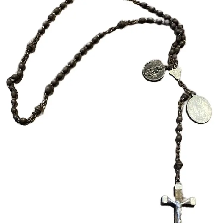 Vintage 18” Silver Tone Wood Cross Brown Beads Rosary Made In France with Beads and Cross Pendant