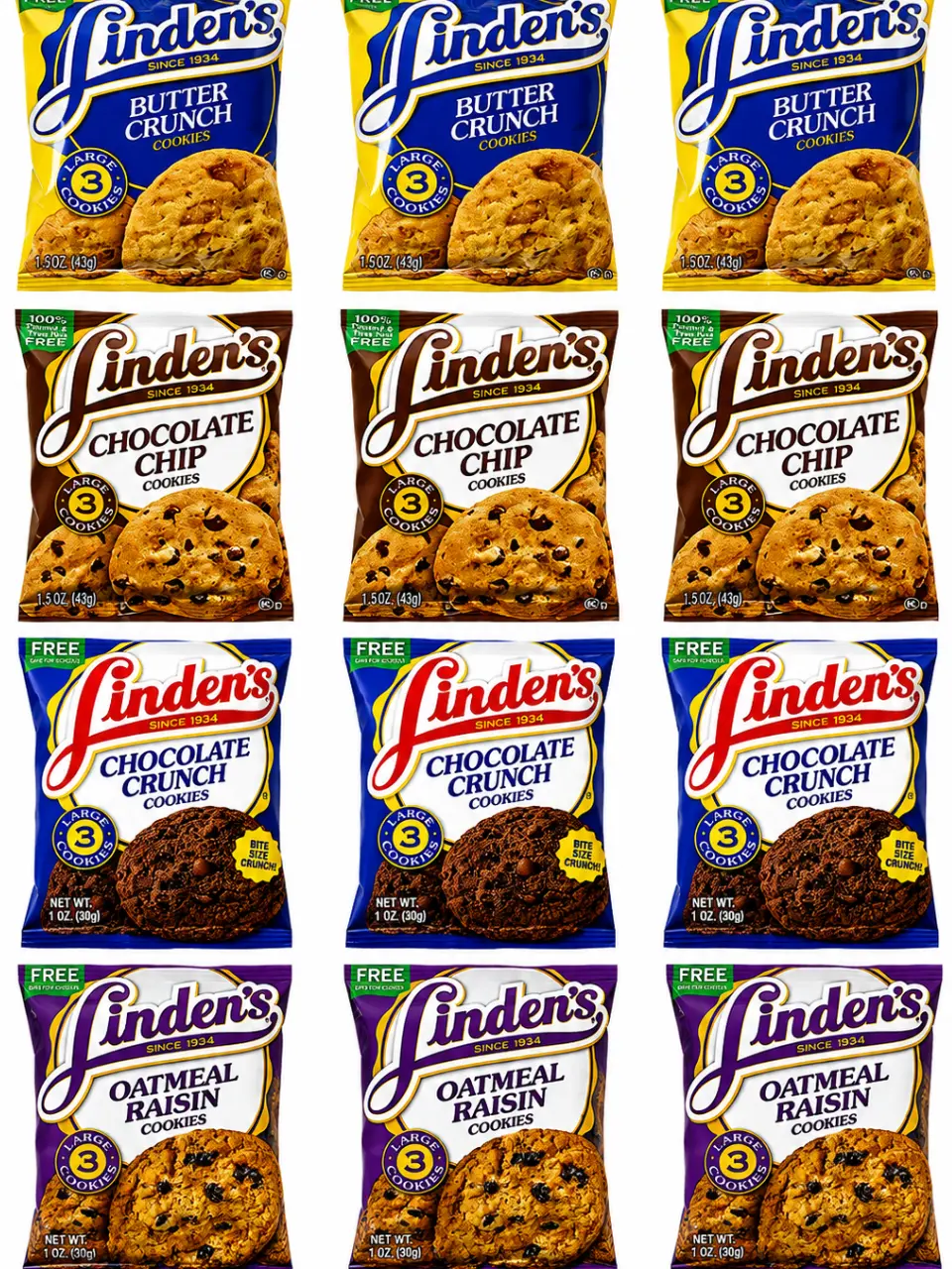 4 Flavor variety -Linden's Cookies Variety Pack 1.8oz Bags | NYC Bodega Cookies | Butter Crunch, Chocolate Chip, Chocolate Crunch & Oatmeal Raisin Cookies | 12 Pack – NY Snack Pantry