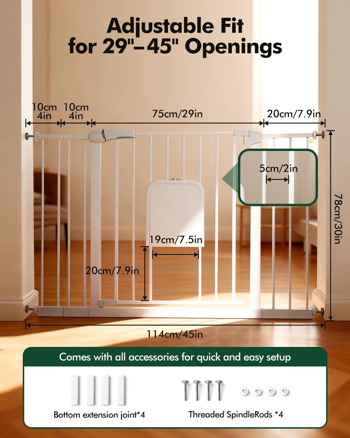 Adjustable Pet Gate with Cat Door, Auto-Close Pressure-Mounted Safety Gate for Doorways & Stairs – Ideal for Multi-Pet Homes (29–45 Inches, White/black)