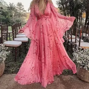 2025 Spring Autumn Winter New Floral Pink Long Dress Plus Size Maternity Women's Dress with Large Hem