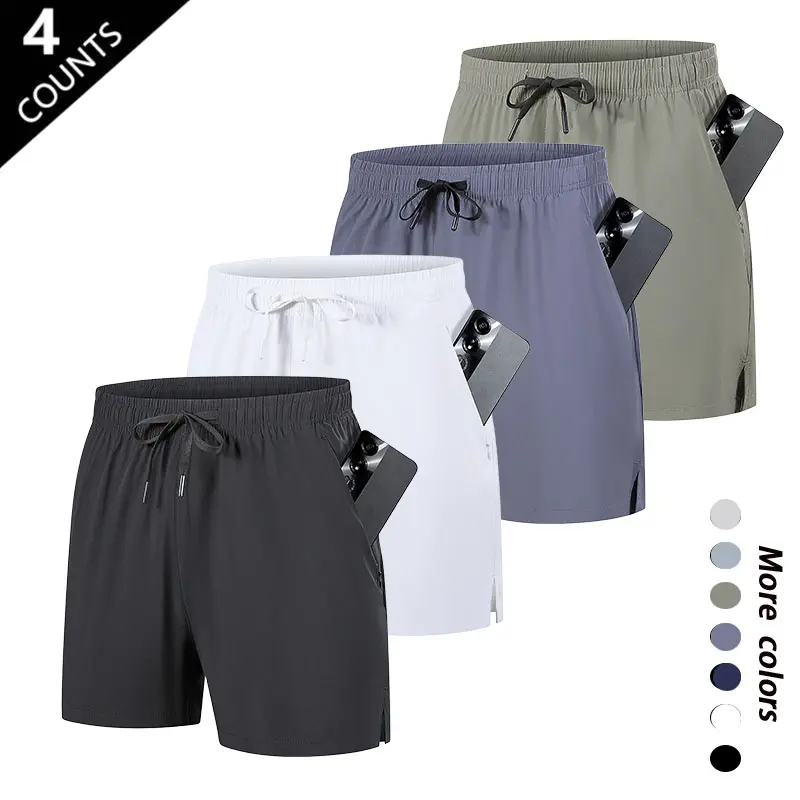 Men’s 4-Pack Quick-Dry Athletic Shorts, American casual athletic style, breathable quick-dry fabric that is skin-friendly and doesn’t trap sweat, zippered pockets for secure storage, drawstring waistband for a loose fit, side slits for easy movement, suit
