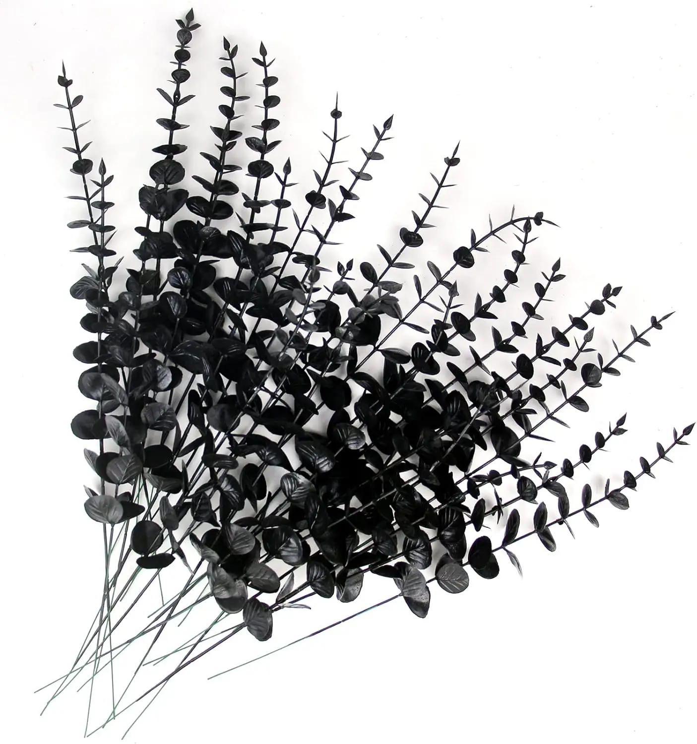 26 Pcs Real-Touch Black Artificial Eucalyptus Plant Stems - Default Size, Includes Goth Iron Box, Nature-Inspired Faux Decor for Room Wedding Halloween Home Table Centerpieces Gift