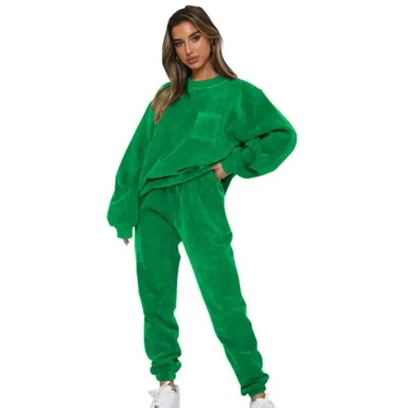 Stylish 2026 Autumn And Winter New Corduroy Solid Color Pullover Long Sleeve Female Suit with Casual Sports Fashion Pants for Women’s 2 Piece Set, Timeless, Trending Now, Coffee Date, Holiday Outfit, Essential