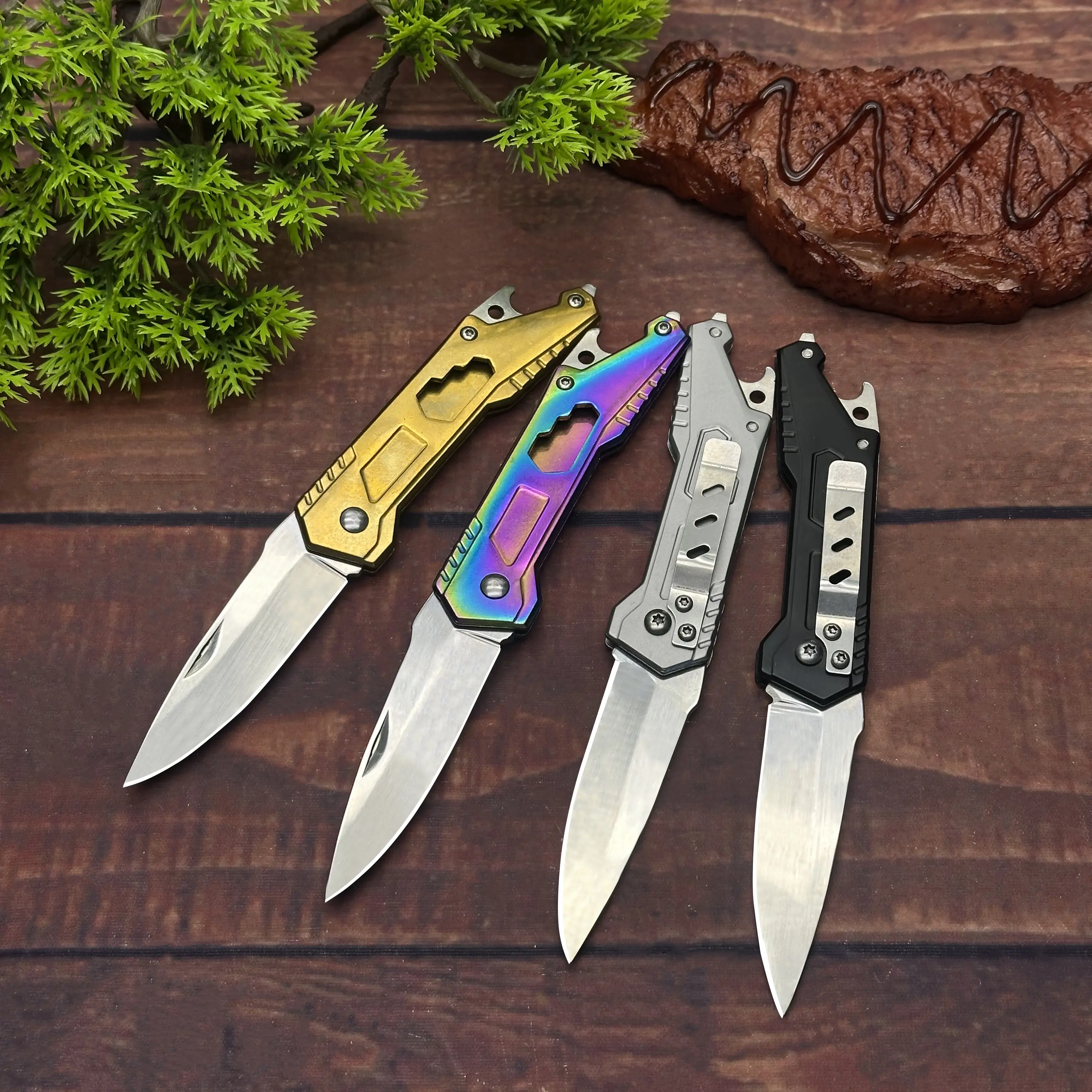 4-Piece Compact Outdoor Kitchen Knife Set - Polished Metal Blades, Colorful Grips, Multi-Handle Design, Portable Storage Case for Camping, Picnics, Camp Kitchen Use