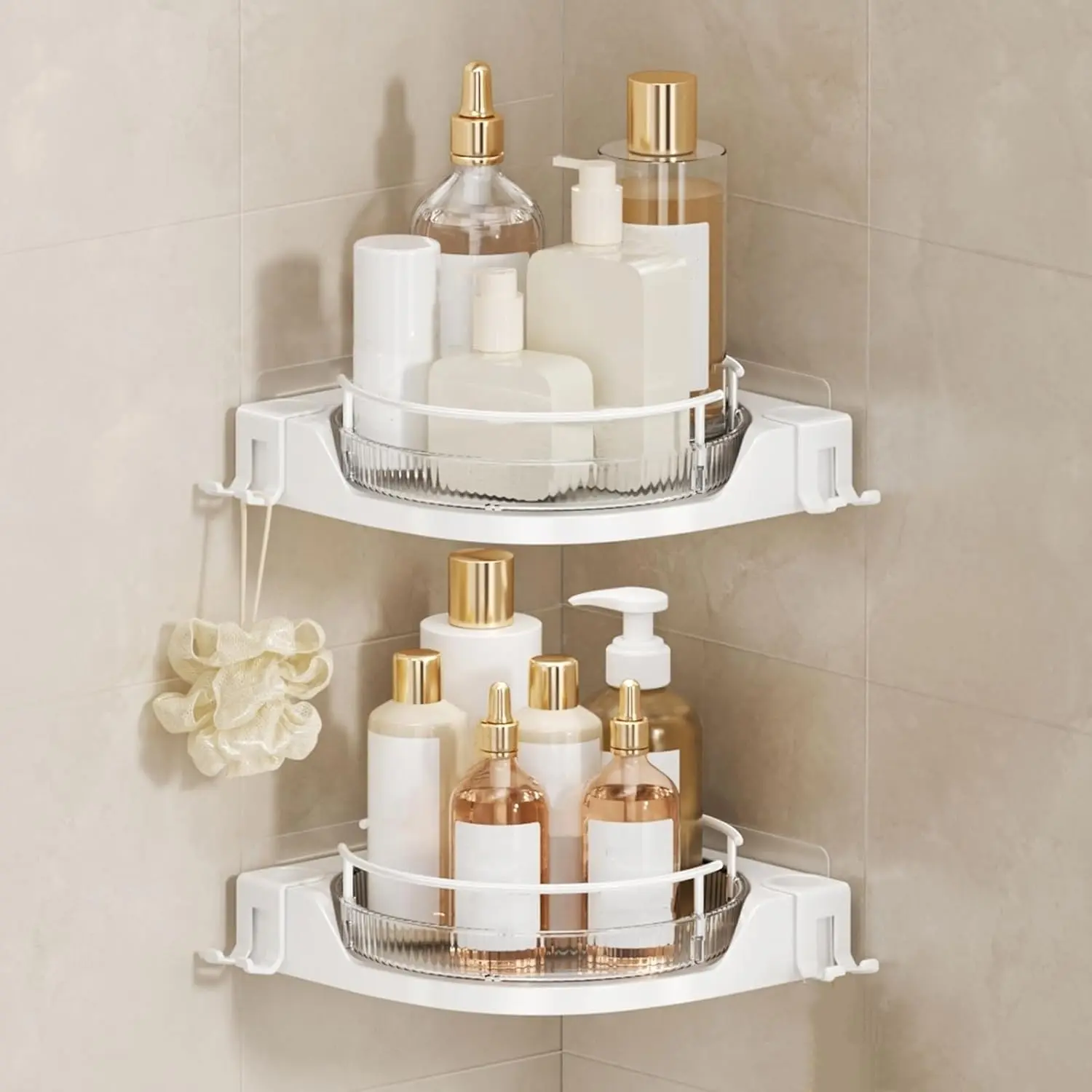 360 ° Rotating Corner Shower Caddy(2-Pack), No-Drill Adhesive Shower Shelf Organizer with Hooks, Lazy Susan Bathroom Storage for Bathtub, Shower Corner & Kitchen Sink, Space Saving Bathroom Organizer