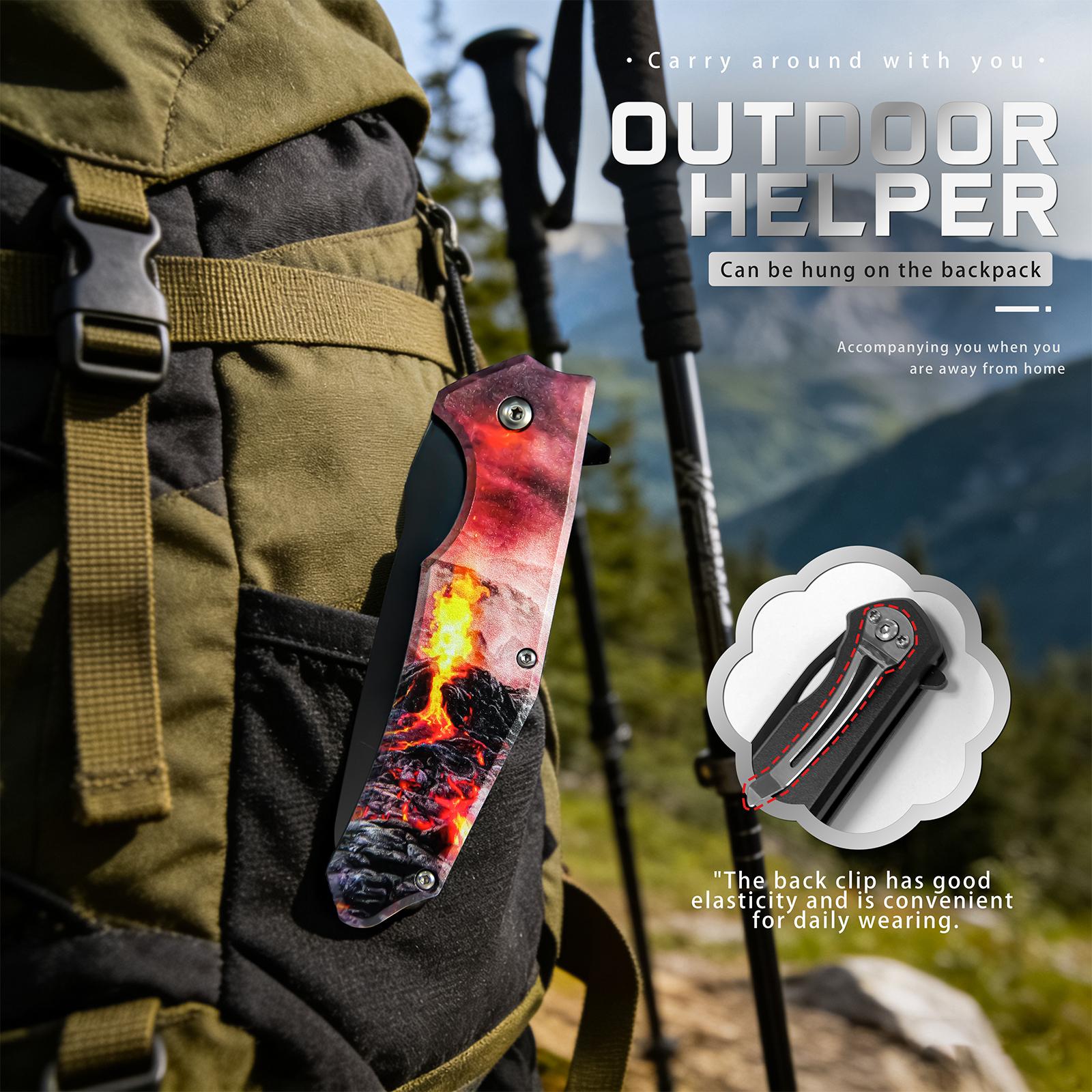 Volcano Pattern Folding Kitchen Knife Premium Compact Kitchen Utility Knife with Volcano Print | Ideal for Home Cooking & Gifting Folding Kitchen Knife Fruit Prep Knife Portable Cooking Knife nife