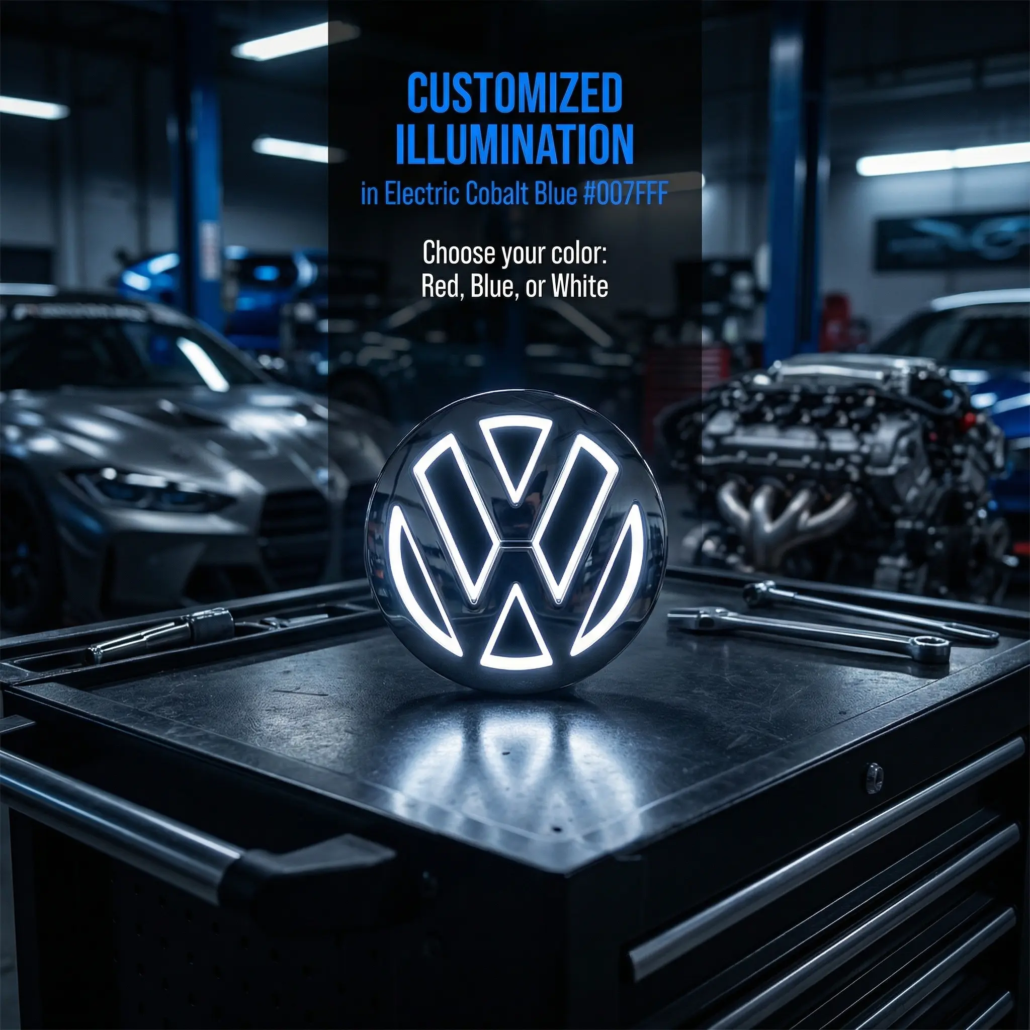 LED VW Logo Light for Volkswagen Golf Jetta Passat CC Polo, 4D/5D Glowing Front Grille Emblem Badge Light, 11cm Car Atmosphere LED Decoration, Universal VW Interior Exterior Upgrade Accessory