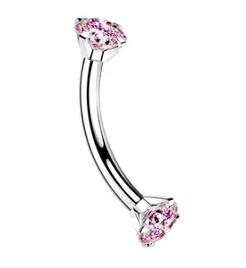16G Pink CZ Double Prong Titanium Curved Barbell