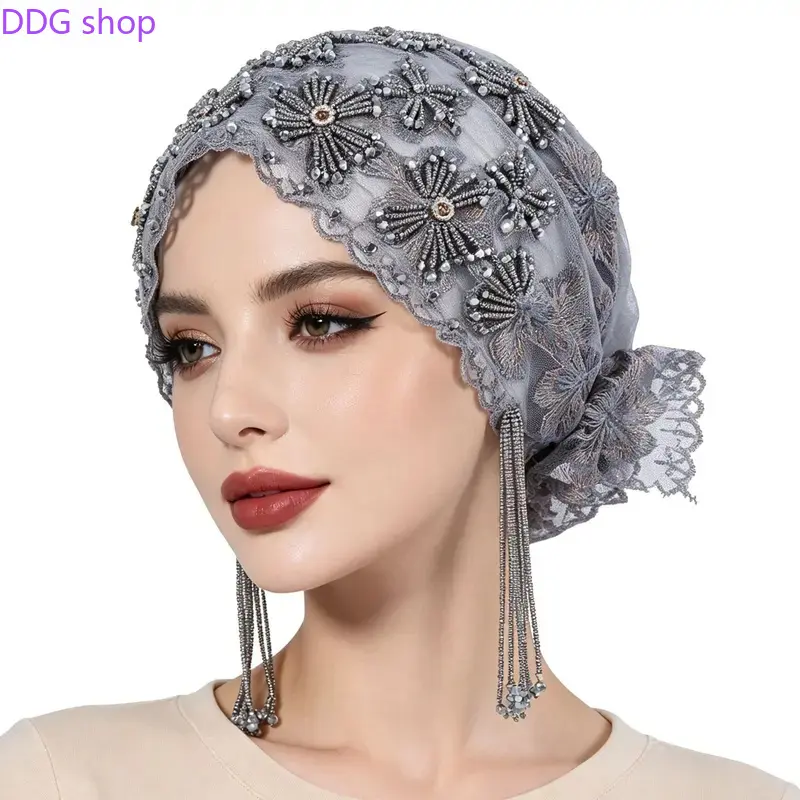 Women's Beaded Embroidered Lace Headscarf Hat - Heavy Craft Fringed Turban Cap for Female, Elegant All-Match Fashion Wrap Headwear with Exquisite Details, Ideal for Daily Casual & Party Outfits
