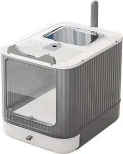 Upgraded Polypropylene Covered Cat Litter Box with Lid, Anti-Splashing Drawer for Easy Cleaning, 3-Mode Use for Kittens to Adults, Dual Entry, UV Odor Control (White&Grey)