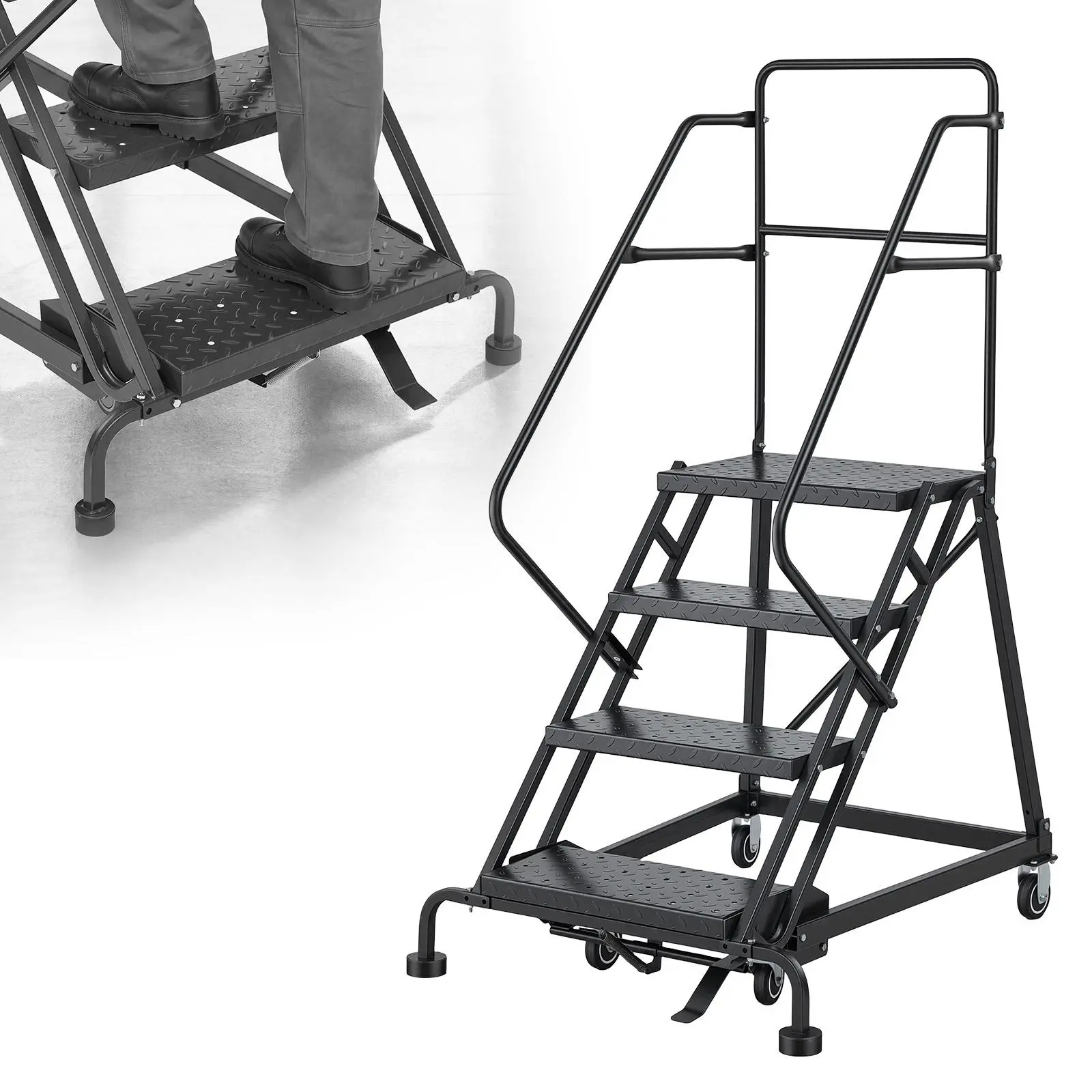 VEVOR 4-Step Rolling Warehouse Ladder, Industrial Alloy Steel Mobile Step Stair, with Handrails, Non-Slip Perforated Steps & Self-Locking Wheels, 450LBS Heavy Duty Platform Ladder for Garage Library