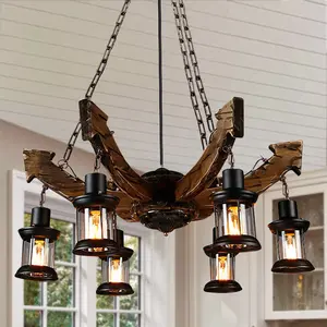 Retro Wooden 6-Head Arrowhead Pendant Light - Adjustable Length/Wall Control