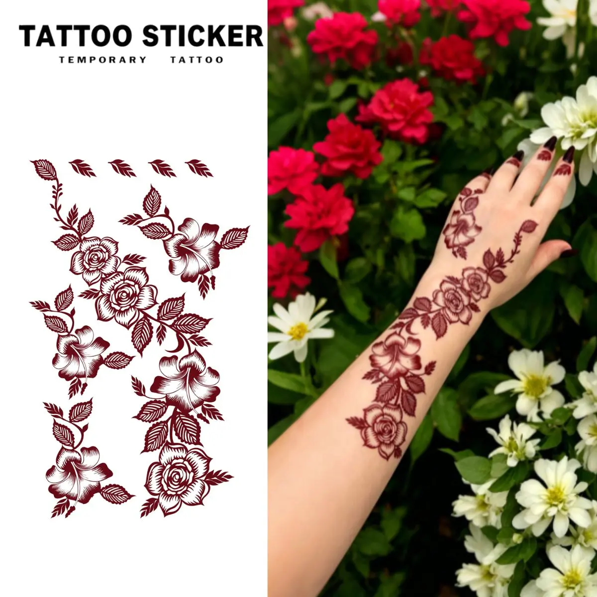 Temporary Tattoo Henna Red Brown Rose Floral Series Fake Tattoo Stickers, 2Sheet Pack, Semi-Permanent Durable Waterproof, Realistic Henna Look For Women, Perfect For Vacation Wedding Party Body Art - Temporary Tattoos