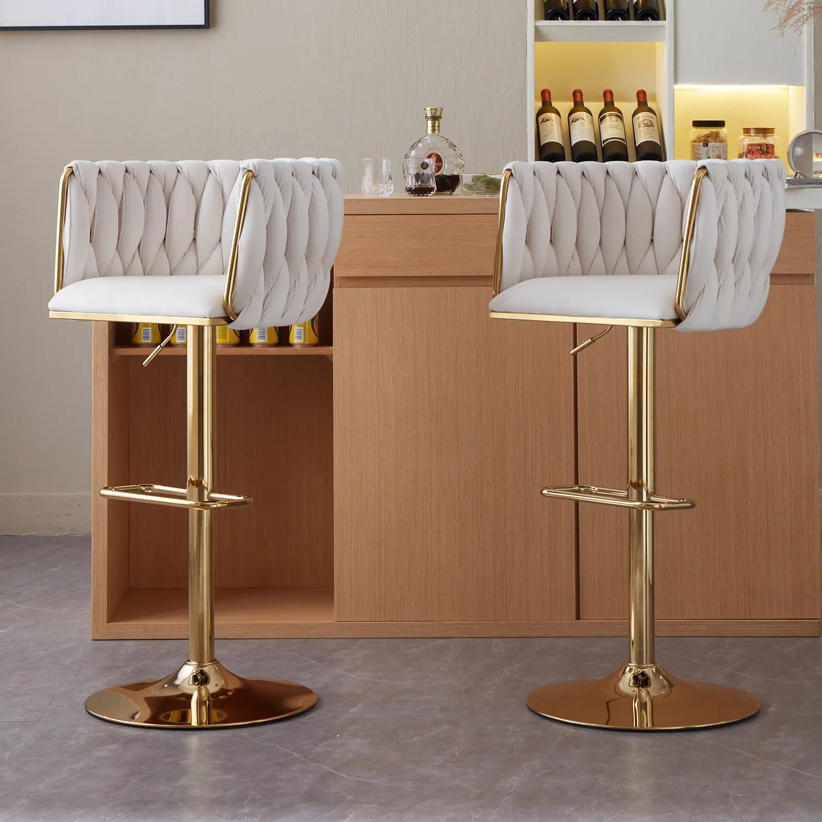 Velvet Bar Stools Set of 2/4 Swivel Counter Height BarStools with Back & Footrest Adjustable Bar Chairs Upholstered Kitchen Island Chairs Gold Base