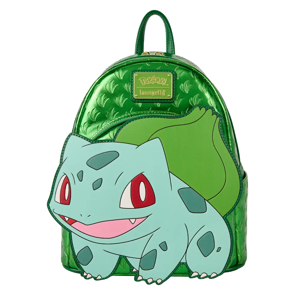 Loungefly Pokemon Bulbasaur Cosplay Mini Backpack, Metallic Vegan Leather Bag with Applique and Debossed Details, Vegan Leather Backpack, Zipper Backpack