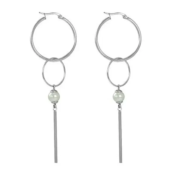 Stately Steel Double Hoop and Bead Drop Earrings