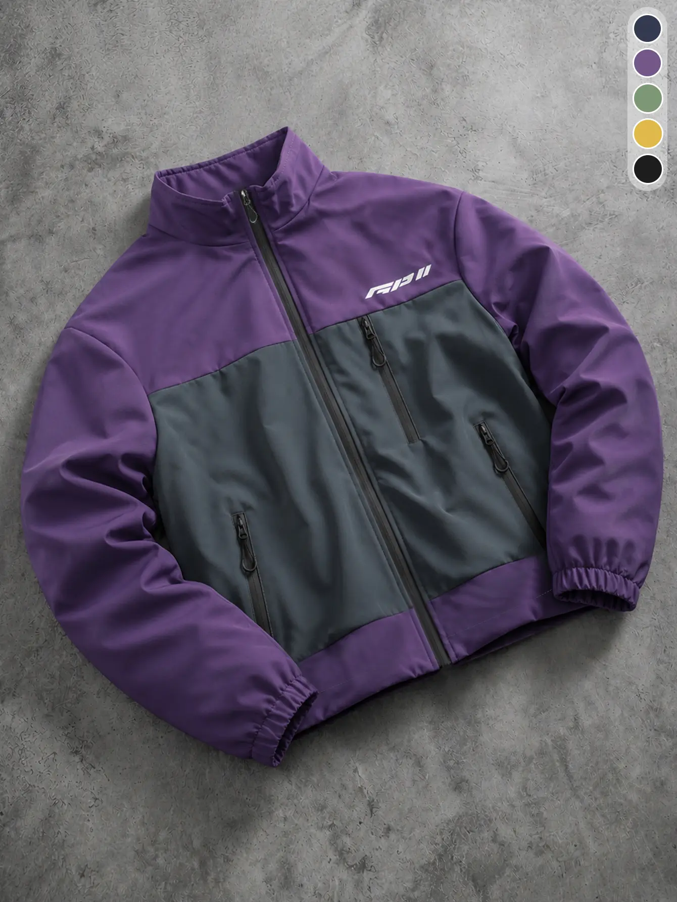 Men’s purple-gray color-blocked windproof jacket with multiple pockets, outdoor functional design, contrast panels, stand collar, letter print, streetwear casual top