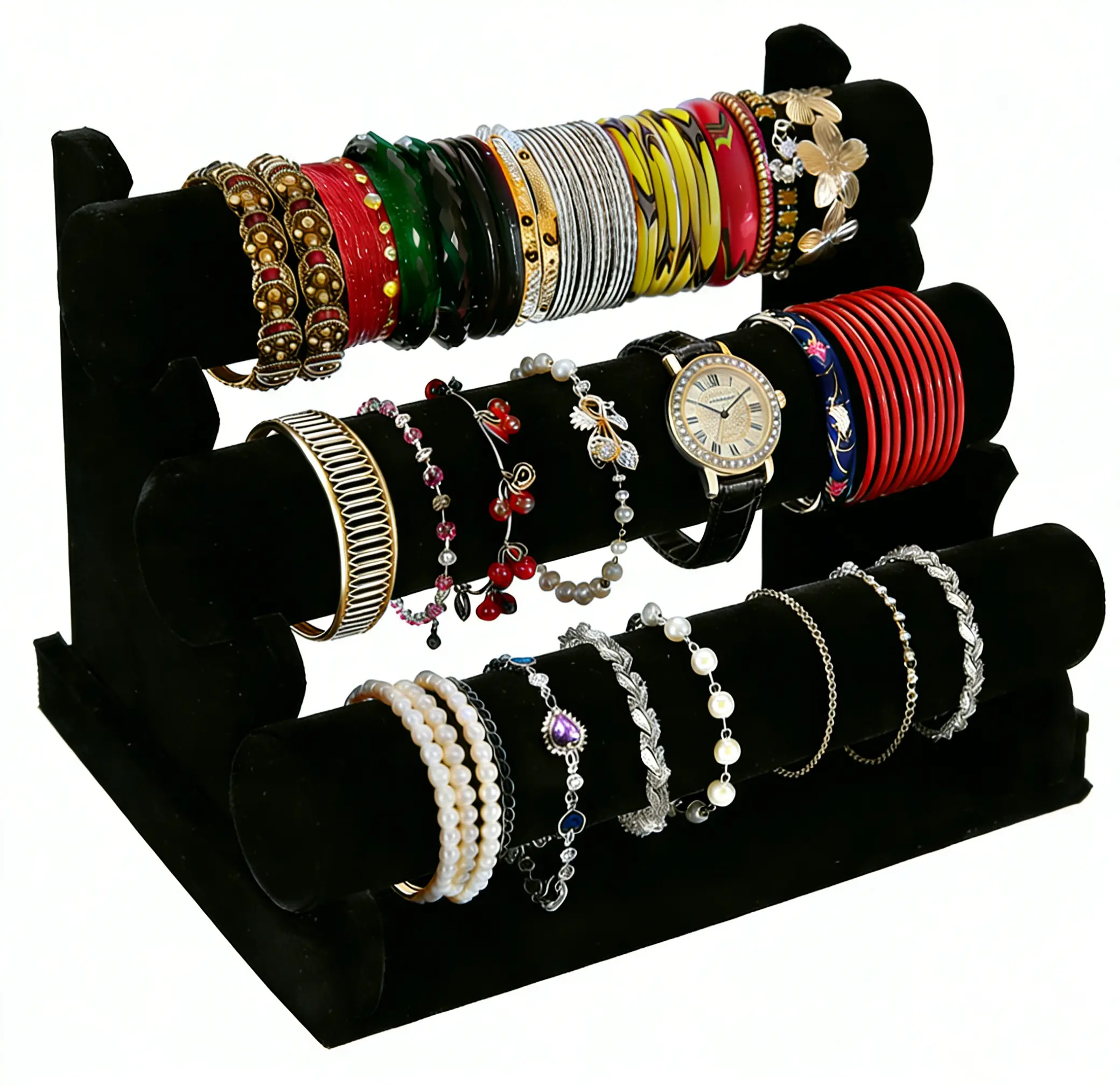 Wudygirl Glam Black Velvet 3-Tier Freestanding Jewelry Display Stand - Heavy-Duty Composite Board Home Organizer Shelf for Bracelets, Necklaces, Watches, Hair Ties, Vanity Storage, Ideal Female Gift