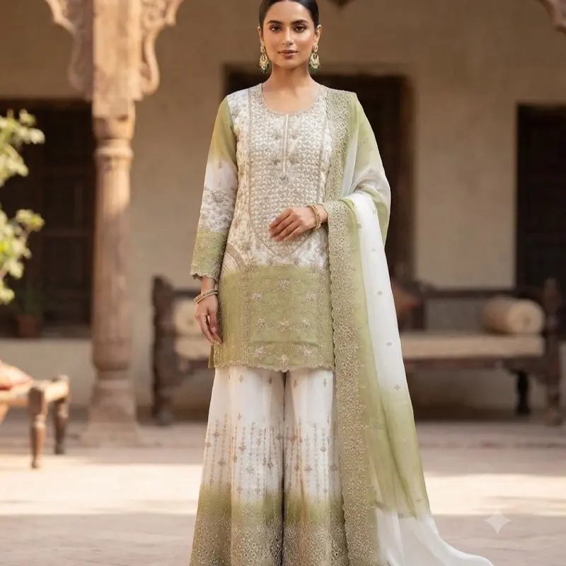 Luxury Embroidered Silk Sharara Set | Traditional 3-Piece Indian Pakistani Ethnic Wear | Elegant Festive Salwar Kameez Suit with Dupatta for Women   Size 46