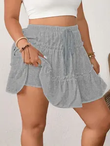 Plus Size Ruffle Hem Drawstring Adjustable Skirt, Sweet & Cool High Waist A-line Mini Skirt, Women's Daily Wear