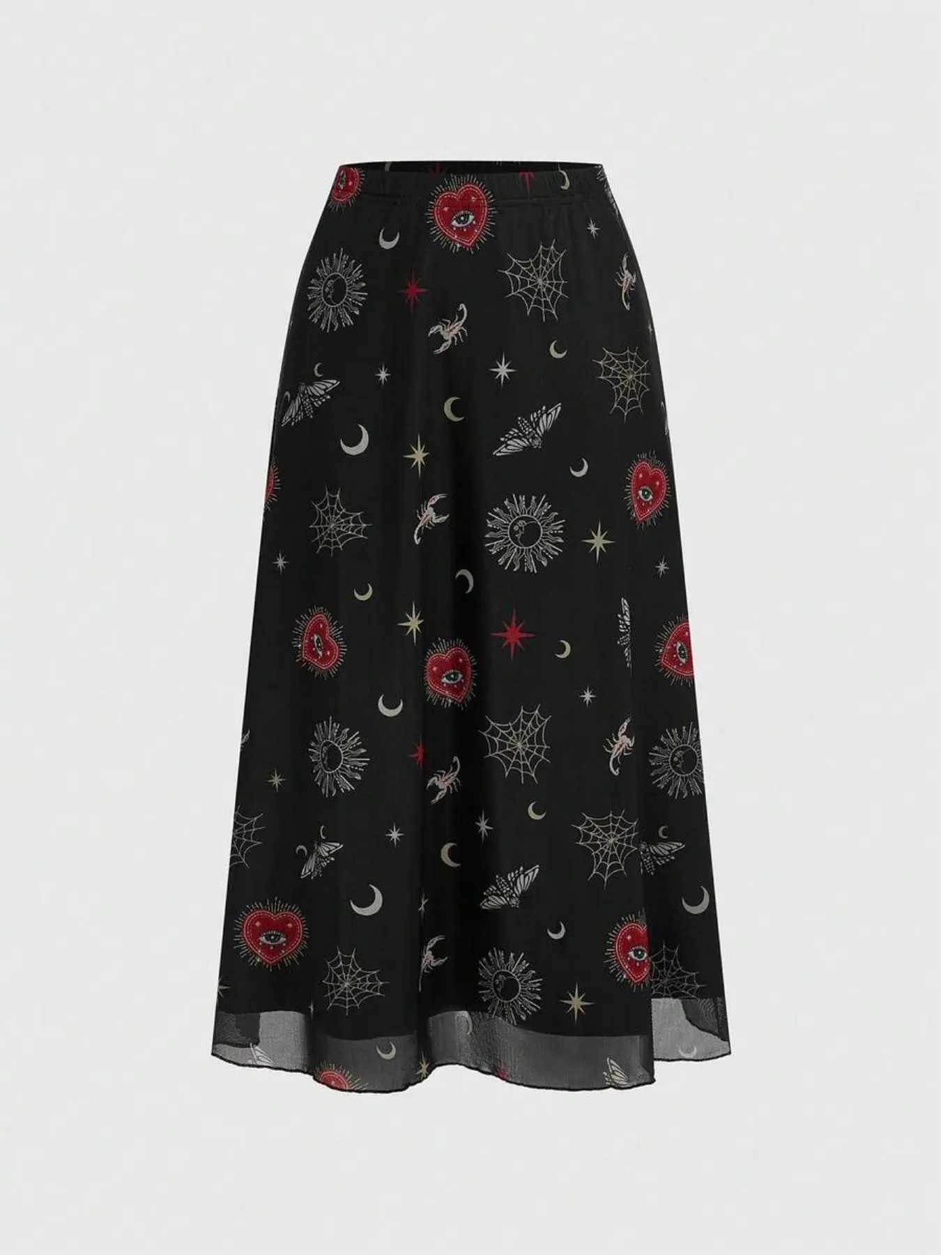 Gothic Women's Vintage Sun Moon Star Eye Print Skirt, Heart Shape A-Line Punk Skirt, Retro Fairy Boho Bohemian Hippie Style, All Seasons, Unique Prints, Printed Skirt, Womenswear, Boho Skirts