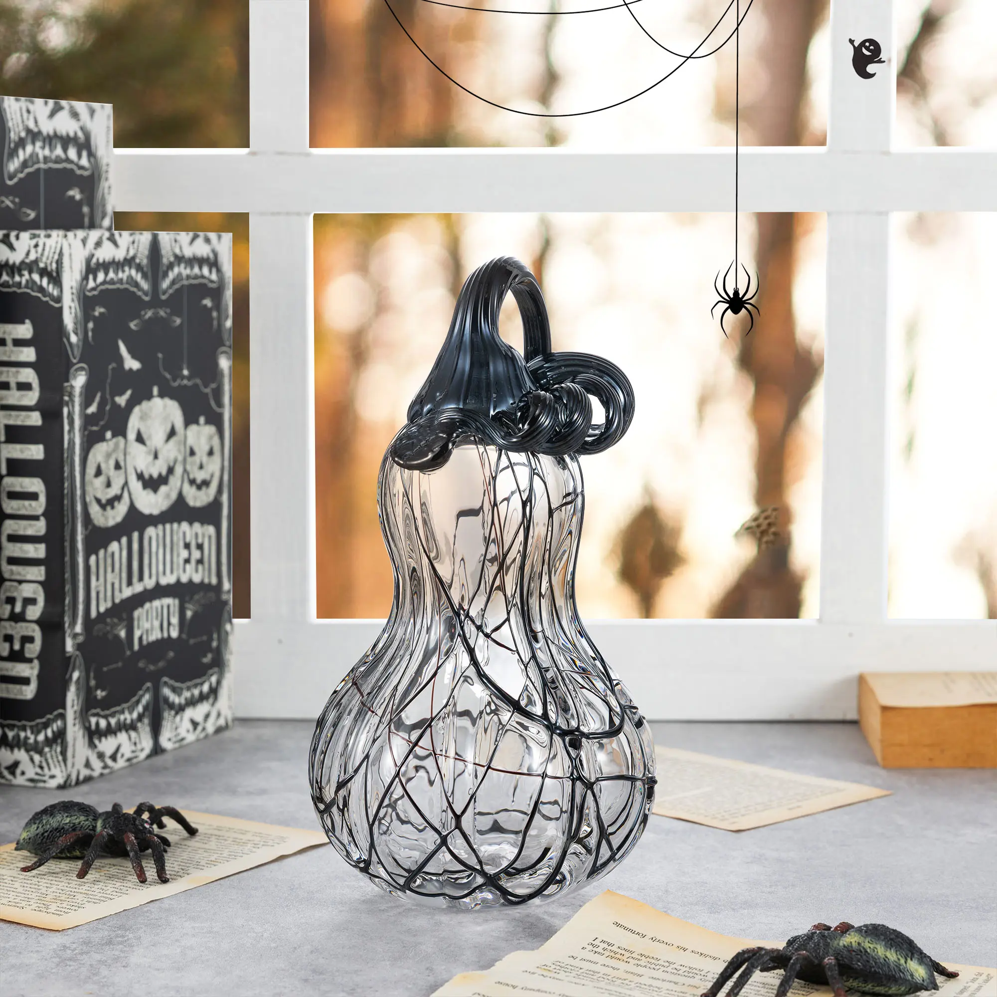 Glitzhome 9"H Glossy Black and White Modern Abstract Swirl Hand-Blown Ribbed Glass Gourd Halloween Decoration, Drop-Proof Pack Collectible Gift Ornaments, Home Centerpieces, Tabletop Supplies