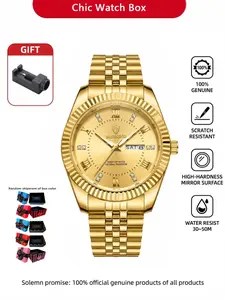 Men's Fashion New Trend Steel Band Diamond Dual Calendar Business Casual Quartz Watch Trendy Wristwatch Waterproof Gift Trendy Multifunctional Watch