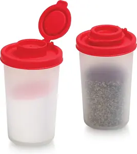 SIGNORAWARE Salt and Pepper Shakers Moisture Proof Set of 2 Large Salt Shaker to Go Camping Picnic Outdoors Kitchen Lunch Boxes Travel Spice Set Clear with Red Covers Lids Plastic Airtight Dispenser SIGNORA WARE