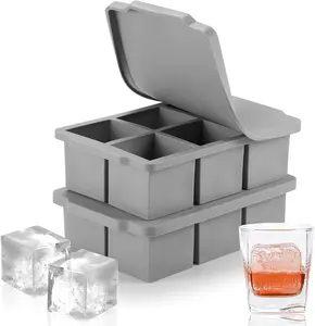 Large Ice Cube Tray with Lid Pack of 2, Stackable Big Silicone Square Ice Cube Mold for Whiskey Cocktails Bourbon Soups Frozen Treats, BPA Free