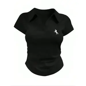 Women's Slim Fit Polo Neck Short Sleeve T-Shirt, Minimalist Horse Logo Design, Casual Summer Top, Fitted Style, Moderate Fabric Thickness