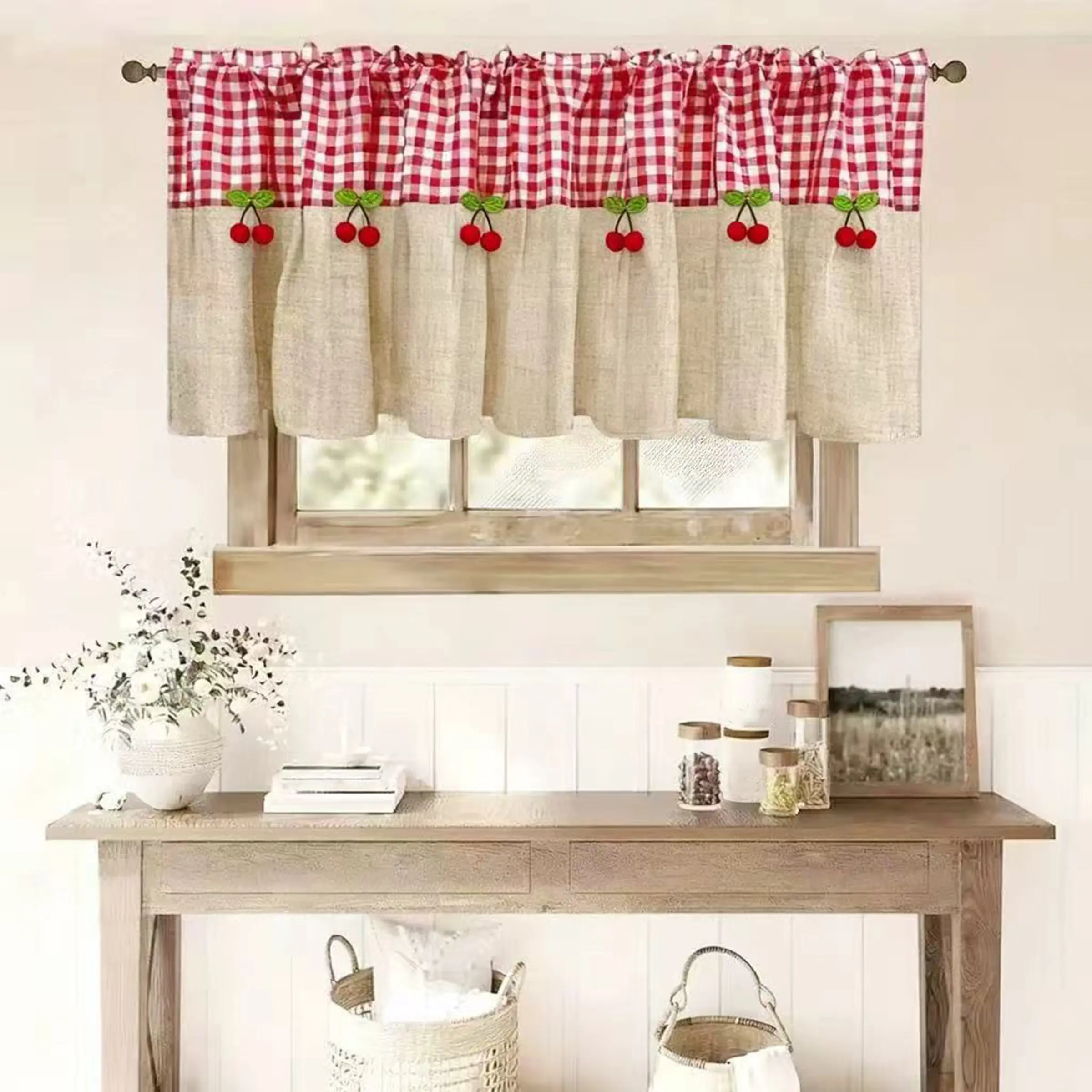 1 Piece French Country Style Red Plaid Splicing Short Curtain, Rod Pocket Top, Small Partition Curtain, Kitchen Curtains for Kitchen & Dining Room, Cherry Decor Short Curtain, Curtain for Windows, Window Curtain