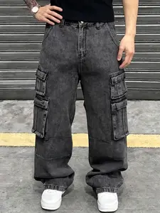 Four-season men's Classic vintage washed and distressed loose straight-leg multi-pocket work pants, non-stretch denim pants, with a comfortable and loose fit suitable for daily casual wear, urban gatherings, and weekend fashion styling