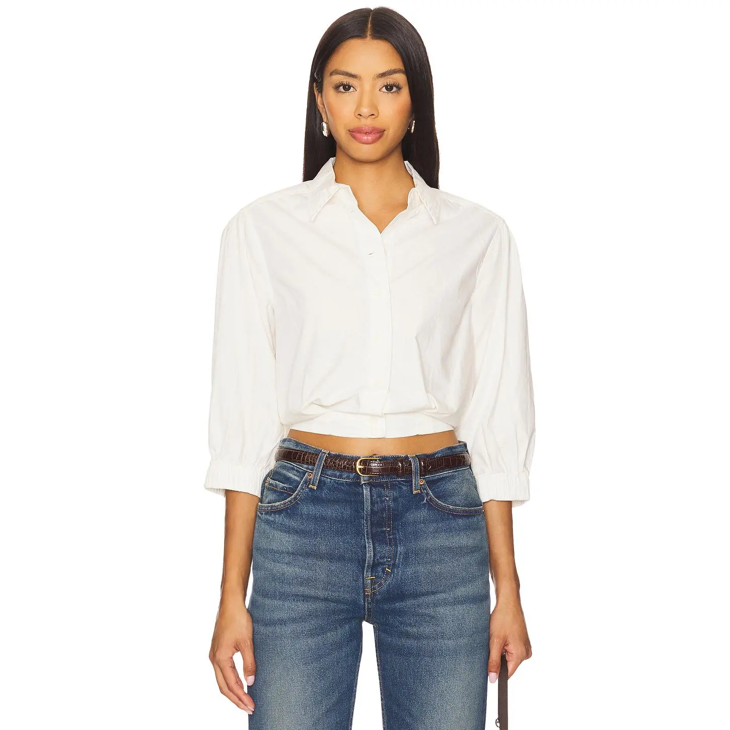 Bobi Puff Sleeve Cropped Top in Pearl