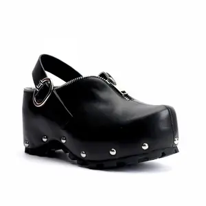 Black Studded Leather Platform Clogs with Arch Support, Zipper Detail