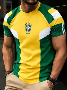 Men's Brazil-Inspired Football Shirt, Bright Soccer Jersey with 'brazil City' Logo, Casual Sports Wear for Football Lovers, Soccer Tee