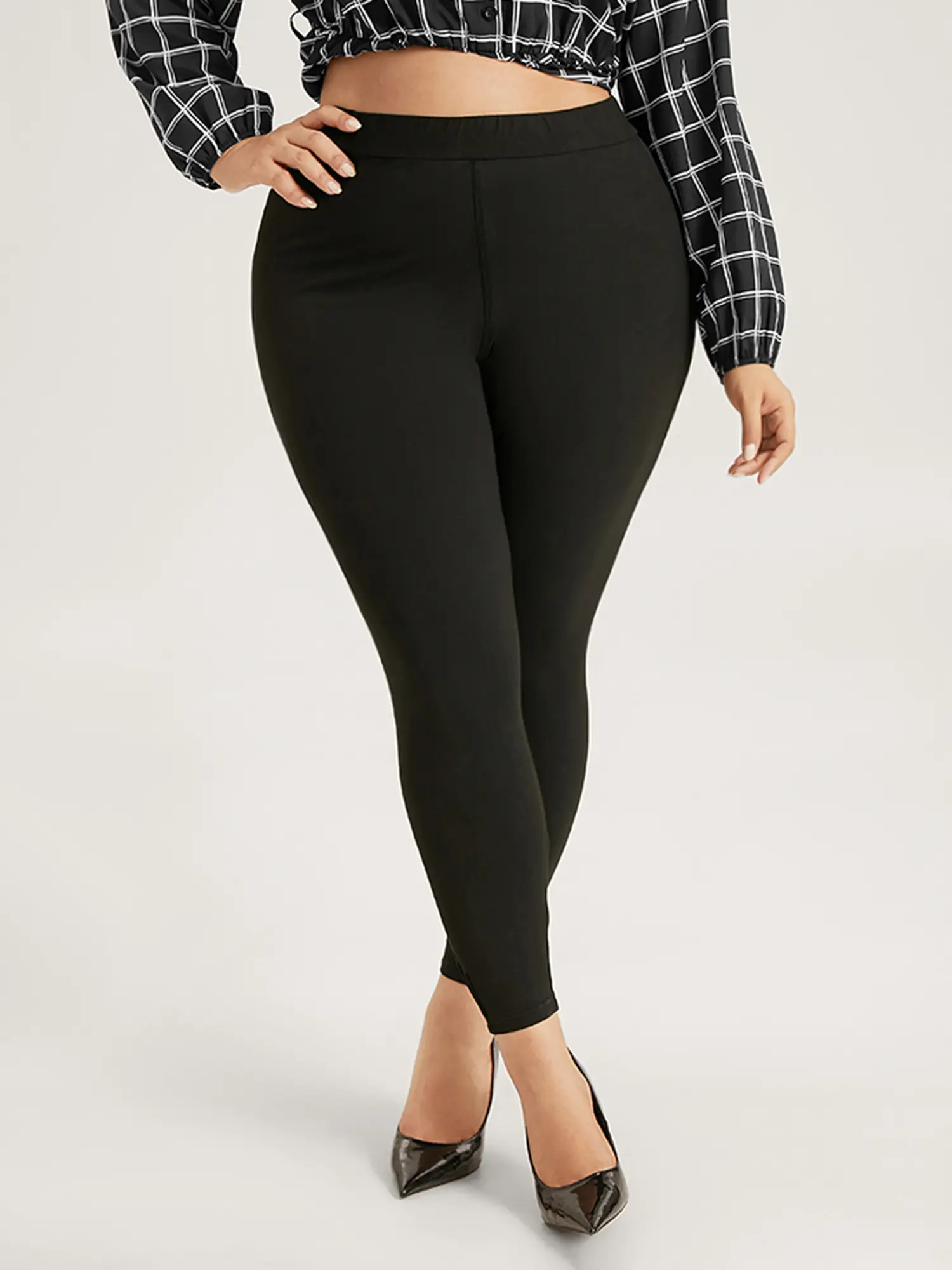 BloomChic Plus Size High-Waist Active Leggings for Curvy Women, Skinny Fit with Pleated Elastic Waistband, High-Stretch Polyester Spandex, Basic, Curvy Women Plus Size, Plus Size Clothes