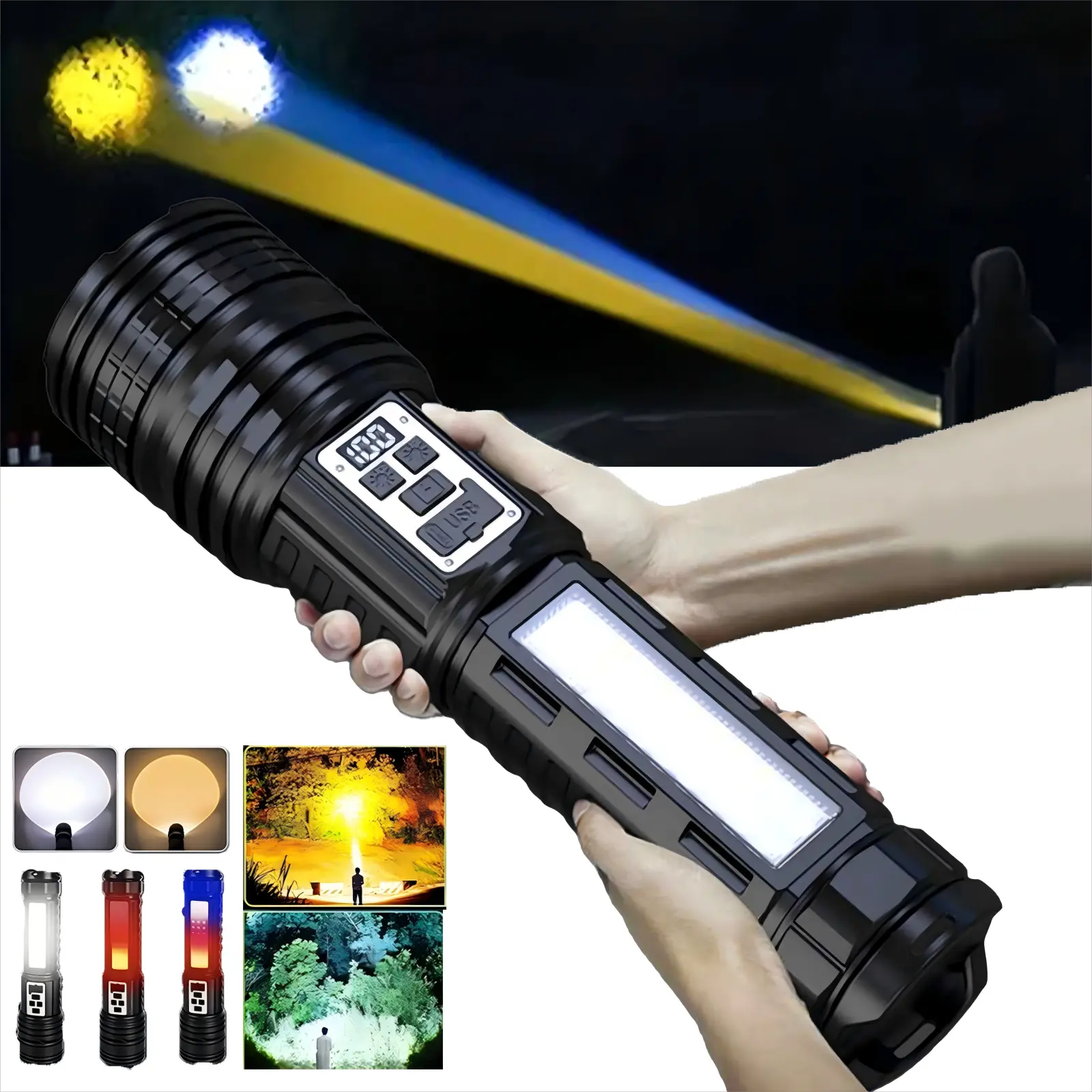 Super Bright Rechargeable LED Flashlight Digital Display High Lumens Flashlight With 15 Lighting Modes COB Lights Handheld Zoomable Flashlight, for Outdoor Fishing outdoor emergency Hunting Camping ultra-bright flashligh