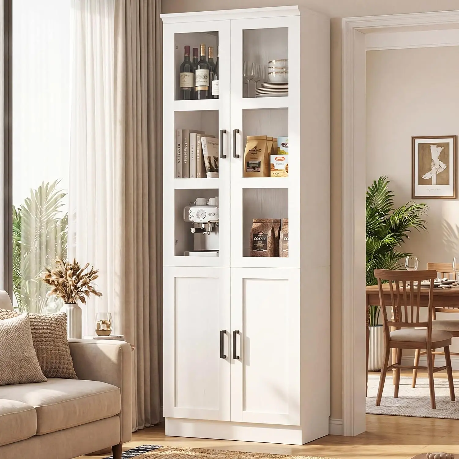Unikito 79.7" Tall Kitchen Pantry Storage Cabinet, Freestanding Kitchen Hutch Cabinet with Tempered Glass Doors, Modern Display Bookcase with Adjustable Shelves for Living Room, Dining Room
