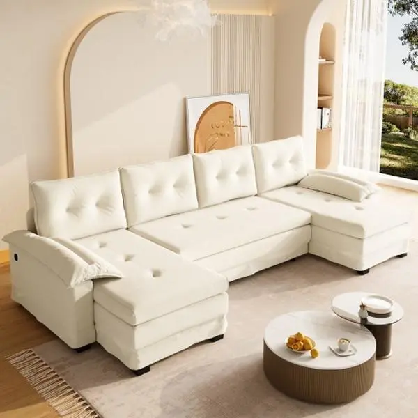 Bellemave  109.5" U-Shaped Sleeper Sofa with Pull Out Bed,2 in 1 Convertible Couch Bed with Removable Armrests & USB Ports,Oversized Sectional Modular with Chaise Lounge for Living Room//Apartment