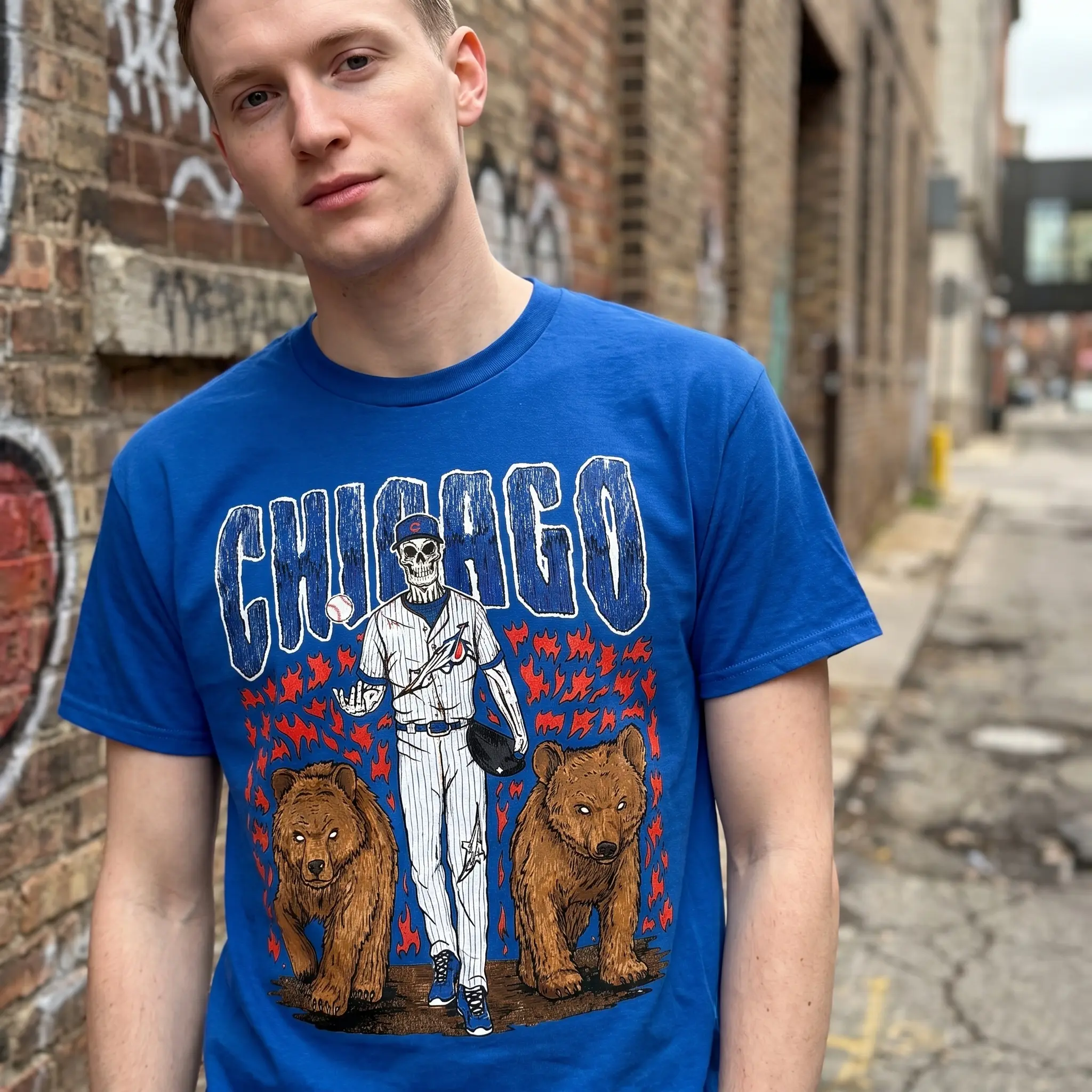 [Sale Up To 50%] Fire Skeleton Chicago Baseball  T-Shirt, Bear Mascot Baseball Shirt, Chicago Baseball Game Day Graphic Tee, Cubs Baseball Fan Streetwear