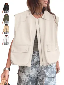 Renaishow Women's Oversized Zip Up Cargo Vest Casual Ruched Hem Sleeveless Blazer Jackets Vest Top with Pockets for Stylish Outfits Fashion Everyday