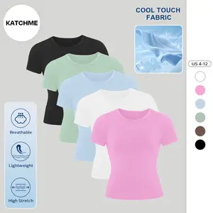 KATCH ME Women's Athleisure Solid Color Round Neck Short Sleeve Yoga Top, Spring & Summer Stretchy Brushed Clothes, Lightweight Quick Drying Gym Outfit