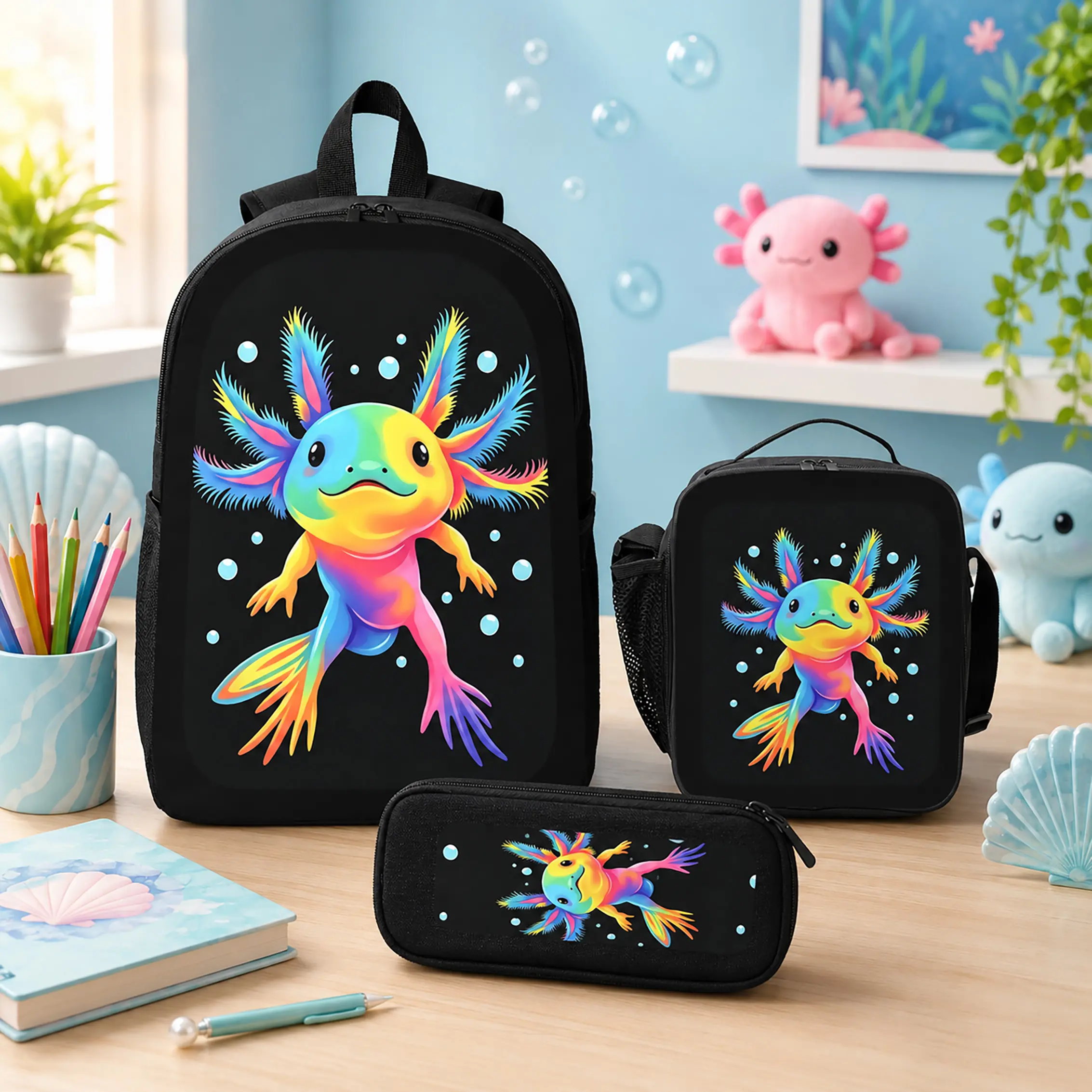 Axolotl Backpack Set 3 Pieces Polyester Backpack Lunch Bag Pencil Case Lightweight Durable Travel Daily Compartment Teens Boys Girls Students Kawaii Cute Aesthetic TikTok Viral Trending